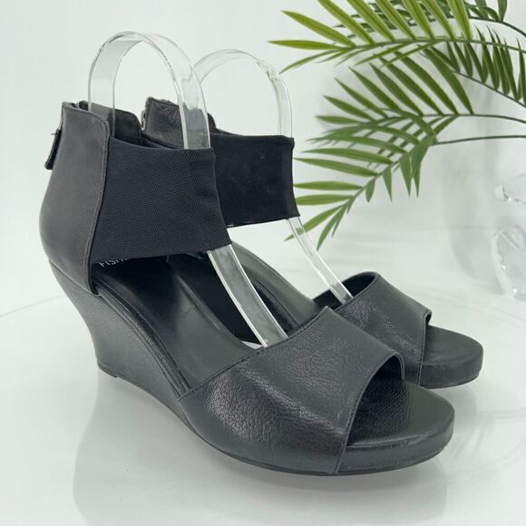 Eileen Fisher Women's Corona Sandal Size 9 Black Leather Mesh Ankle Strap - Picture 1 of 15